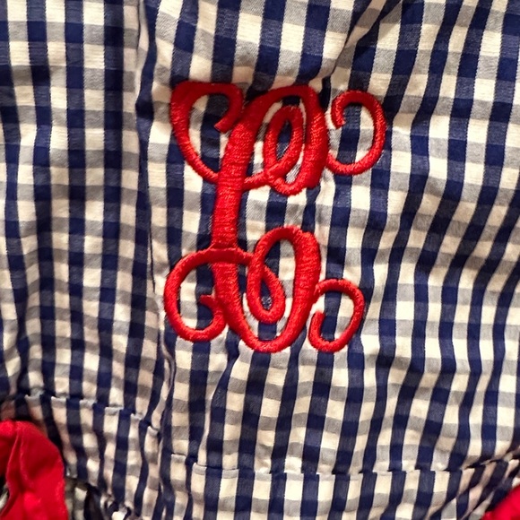 Navy Gingham Sleeveless Dress with Red Ribbon Accents - Picture 3 of 3